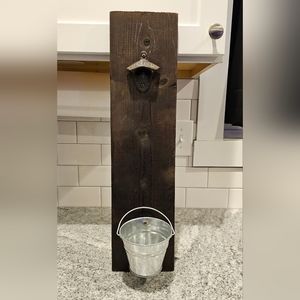 Old-fashioned Bottle Opener & Tin Bucket wooden-mounted Wall Hang
